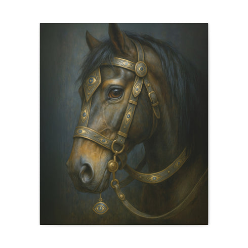 A rectangular, vertical matte canvas print depicting a classical, painterly portrait of a horse's head in profile. The horse is a deep, dark brown with a flowing black mane. It is adorned with an ornate and intricate bridle made of dark leather and burnished gold metal plates, featuring detailed scrollwork. A small, eye-shaped charm with a blue center dangles from the bridle near the horse's cheek. The lighting is dramatic chiaroscuro, with a soft light illuminating the horse's face.